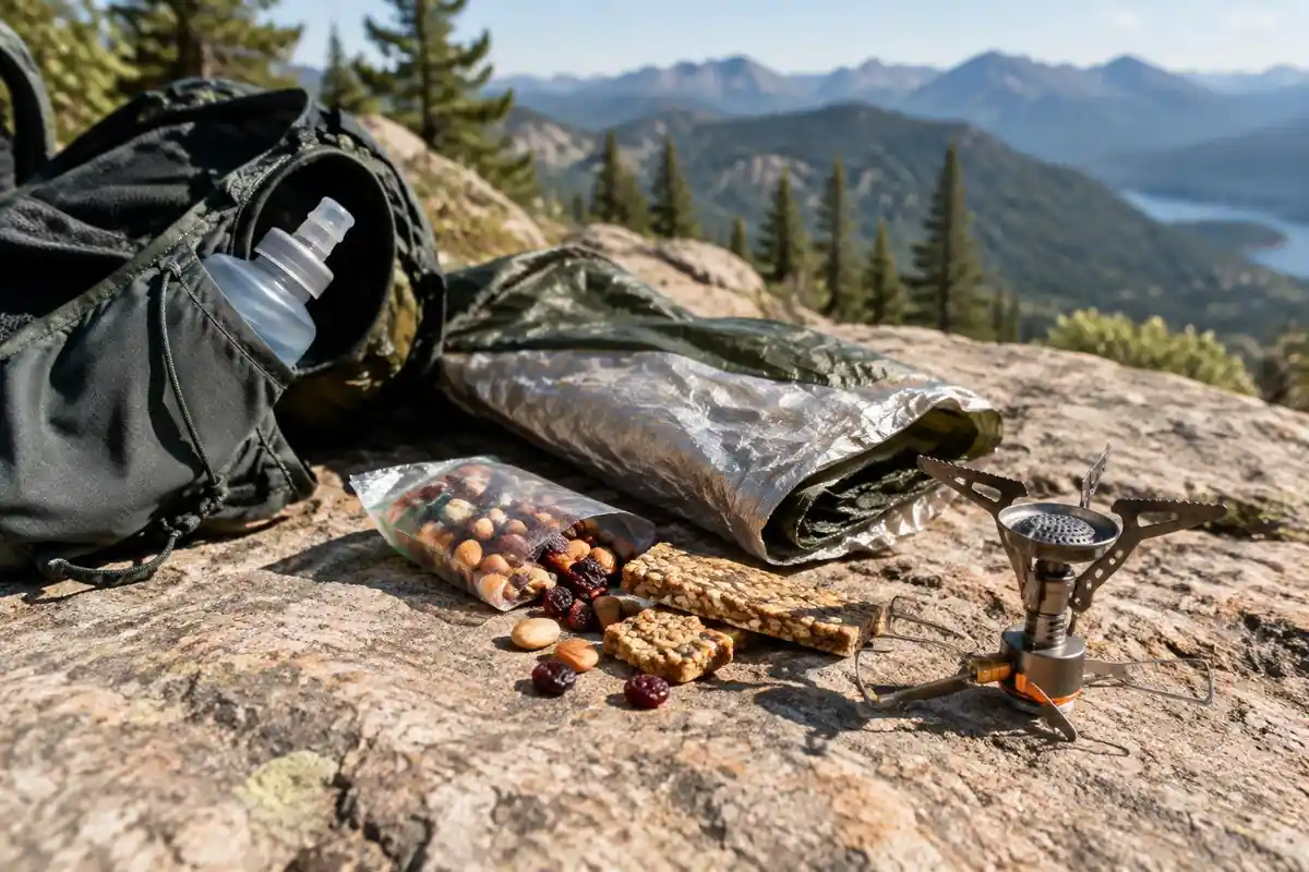 Compact ultralight kit spilled from a running vest onto a rock