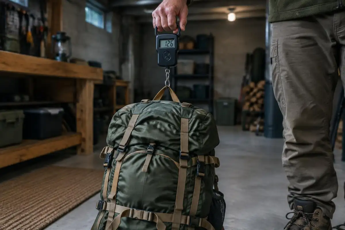 Pack-weight figures shown by a scale readout held near a fully dressed hiker's boots