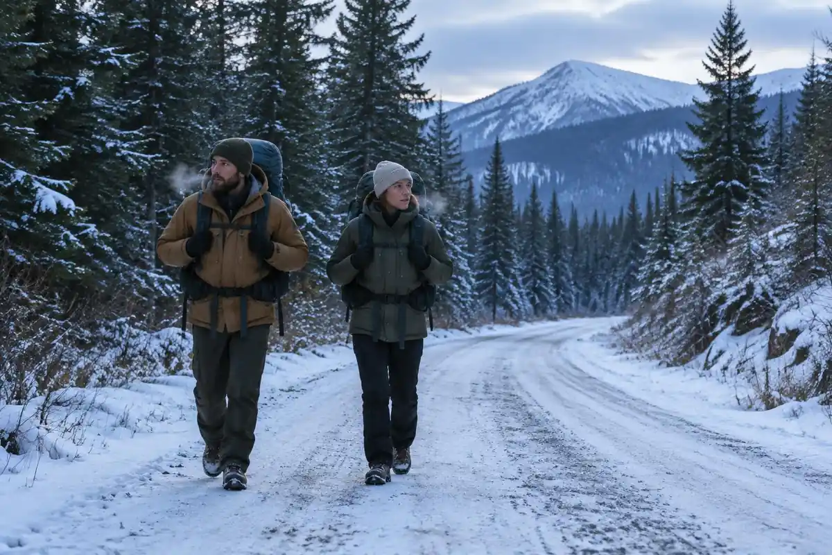 Hikers on a snow-dusted trail in heavier clothes carrying larger loads in winter