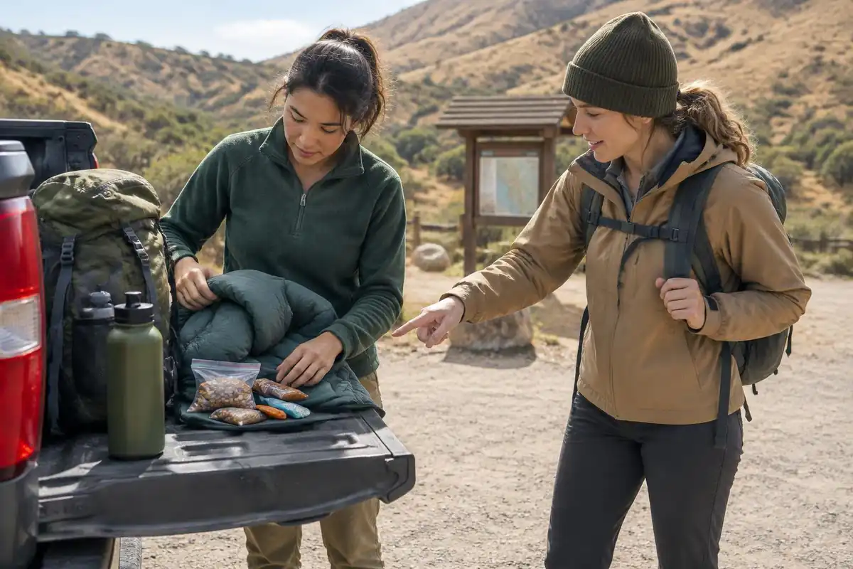 Beginner hiker adding items to a pack while a friend counts them on a trailhead tailgate