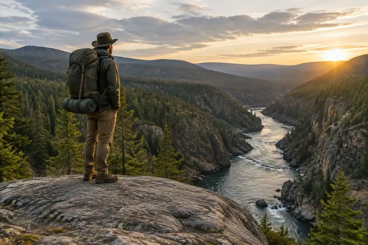 Backpacker fully dressed and loaded standing on a big flat boulder in morning light