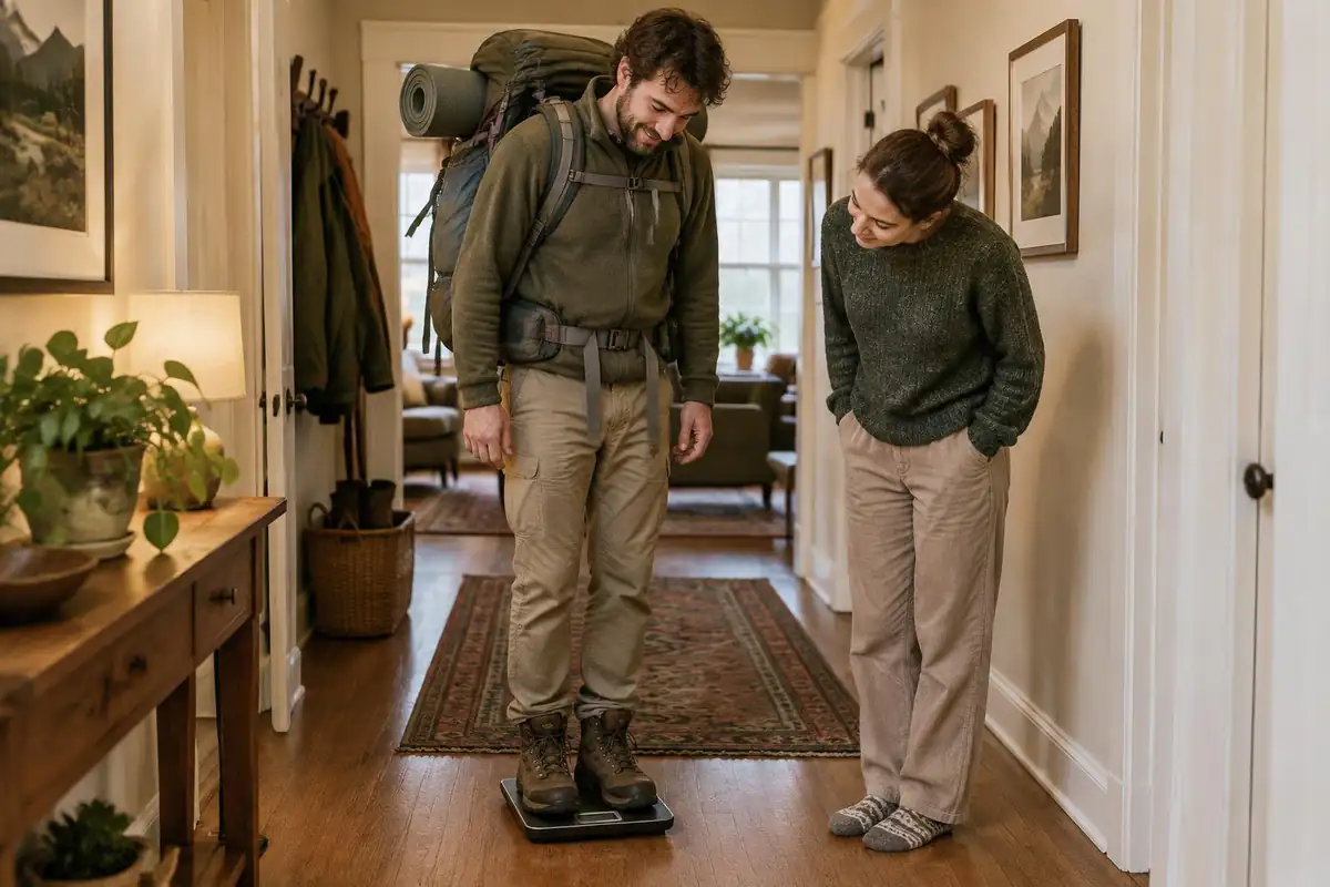 Man stepping on a bathroom scale wearing a loaded pack in a hallway
