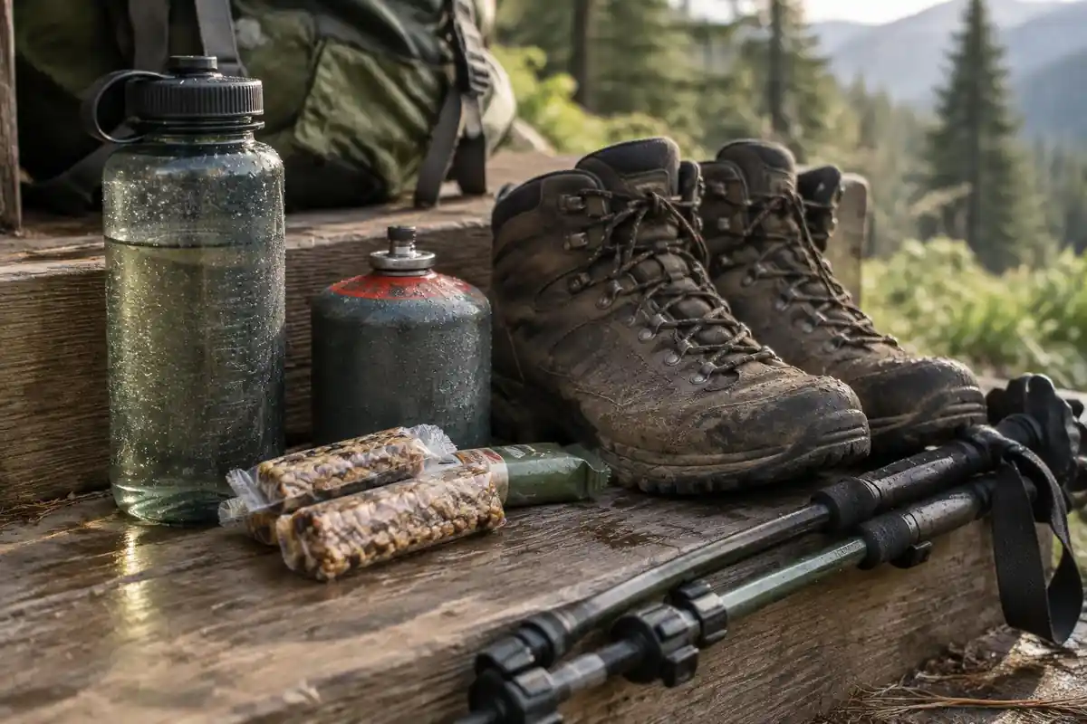 Water bottle, snack bars and fuel canister beside worn boots on a wooden step