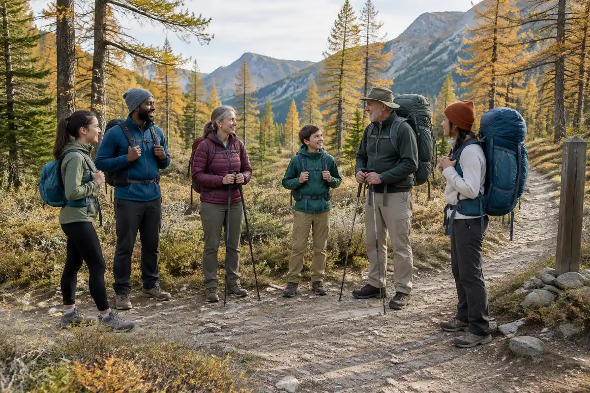 Row of hikers of different ages wearing packs of varied sizes at a trail junction