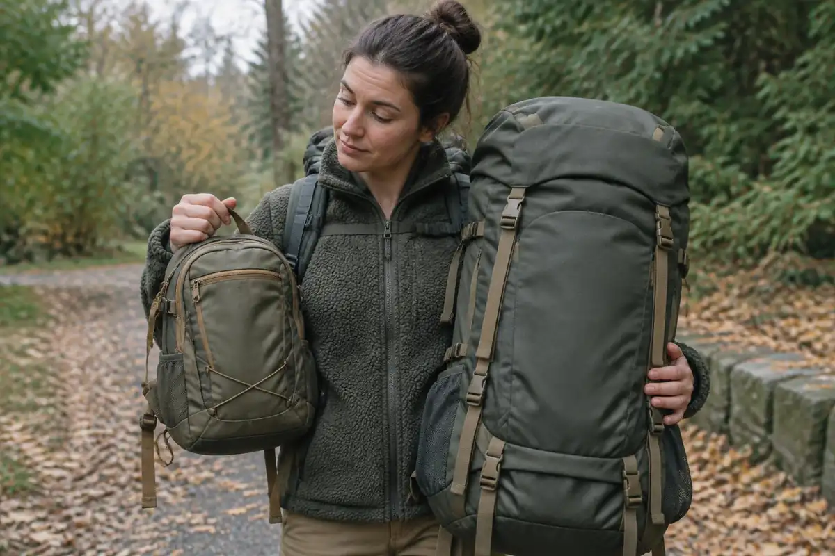 Two packs of different volumes side by side against a hiker's torso for scale