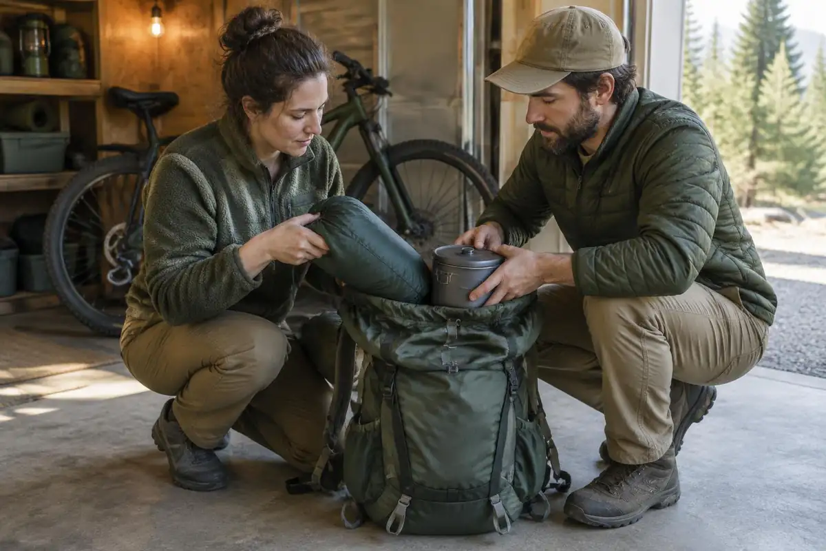 Couple choosing gear on a garage floor, sliding items into a mid-size pack