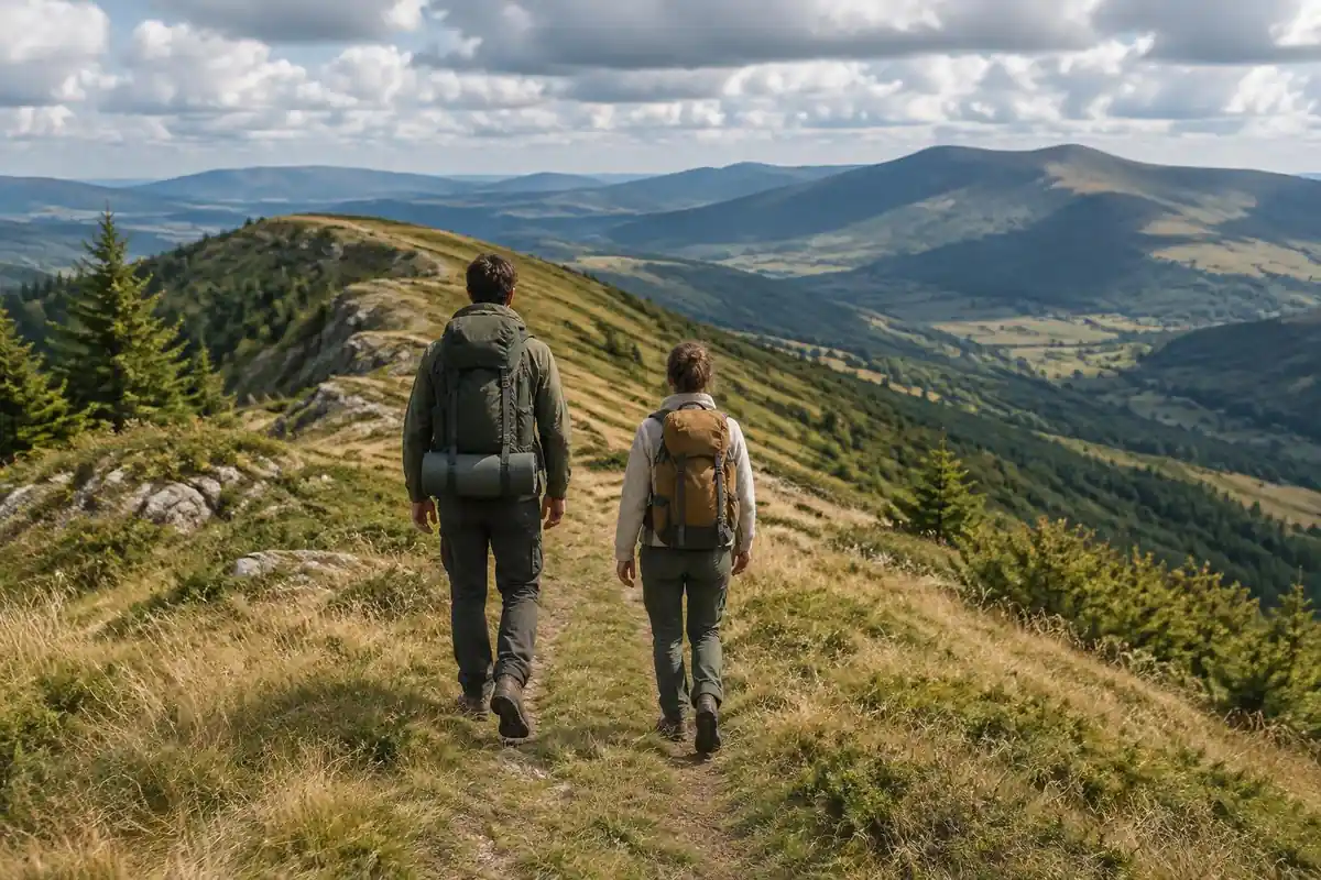 Tall and short hikers side by side on a ridge path showing similar packs