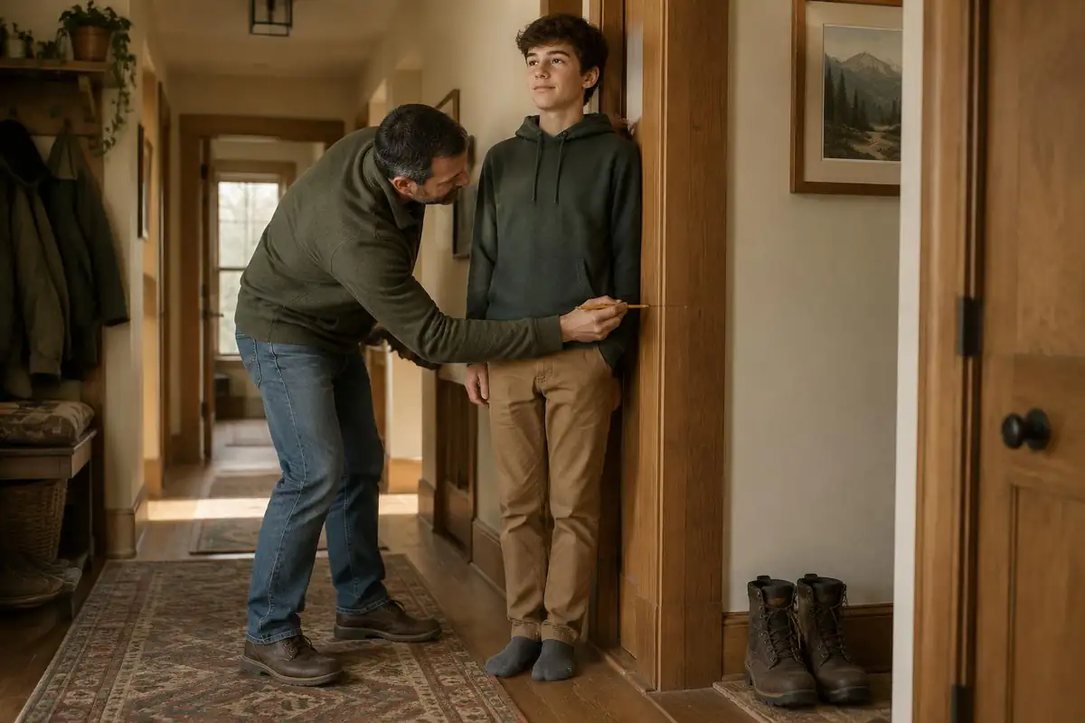 Teenager standing tall against a door frame while father marks a pencil line