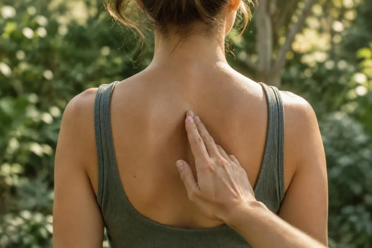 Diagram-free close shot of a hand tracing the spine line on a bare back