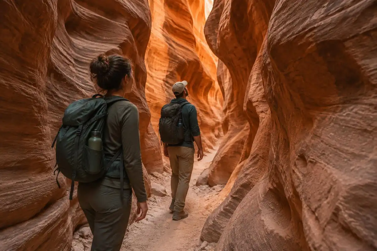 Hikers in slot canyon shadow with water bottles