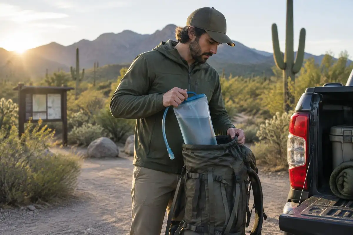 Man lifting a heavy water reservoir into a pack at a desert trailhead