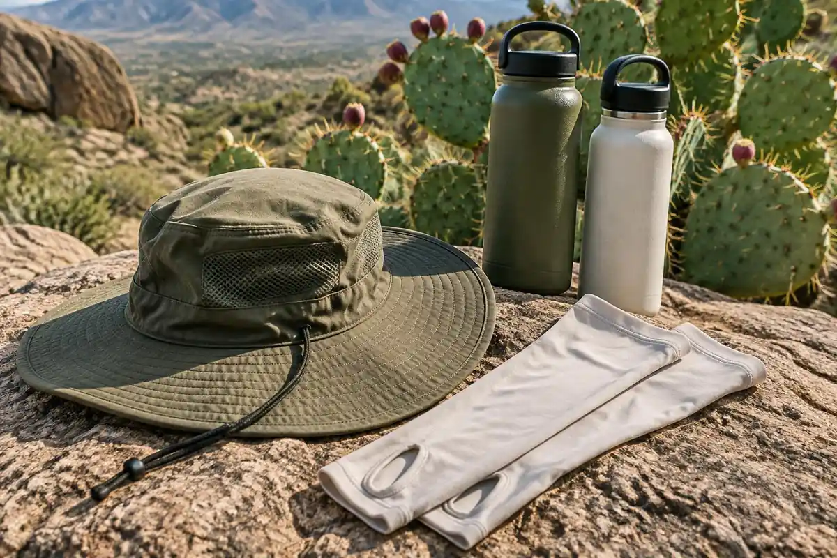 Wide-brim hat, sun sleeves and bottles on a rock