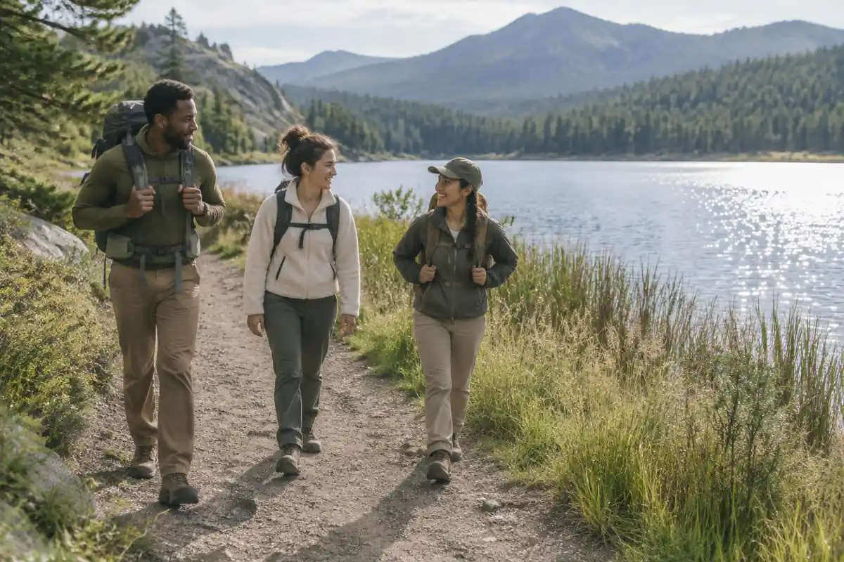 Friends of different builds walking with proportionally sized packs