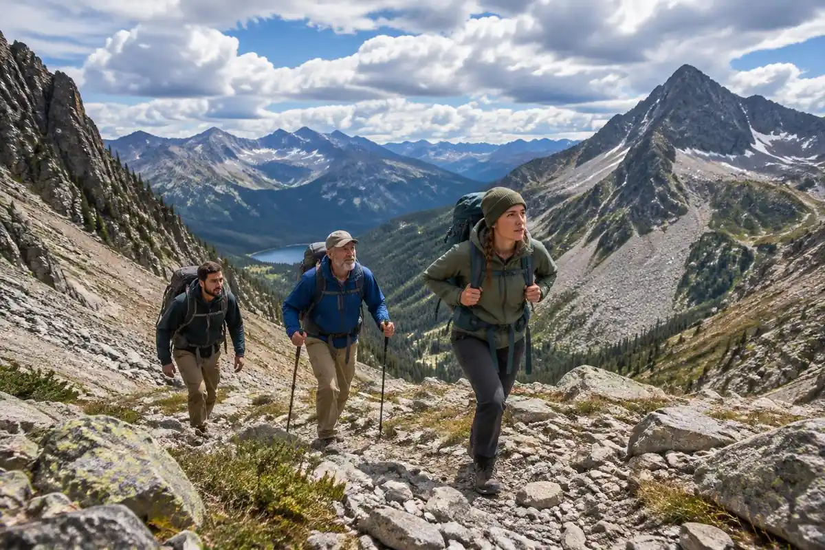 Three hikers cresting a saddle between rocky peaks with mid-large packs