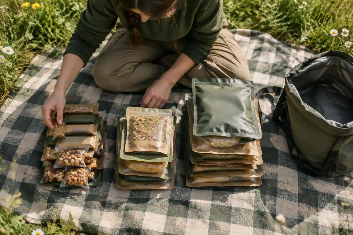 Three days of snack and meal bags sorted on a picnic blanket by day