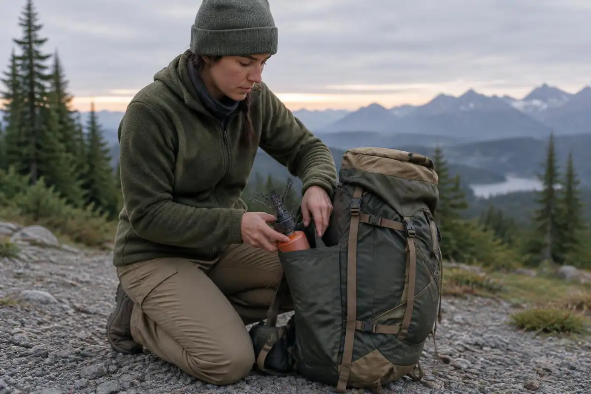 Hiker sliding a fuel canister and stove into the side of a pack on the ground
