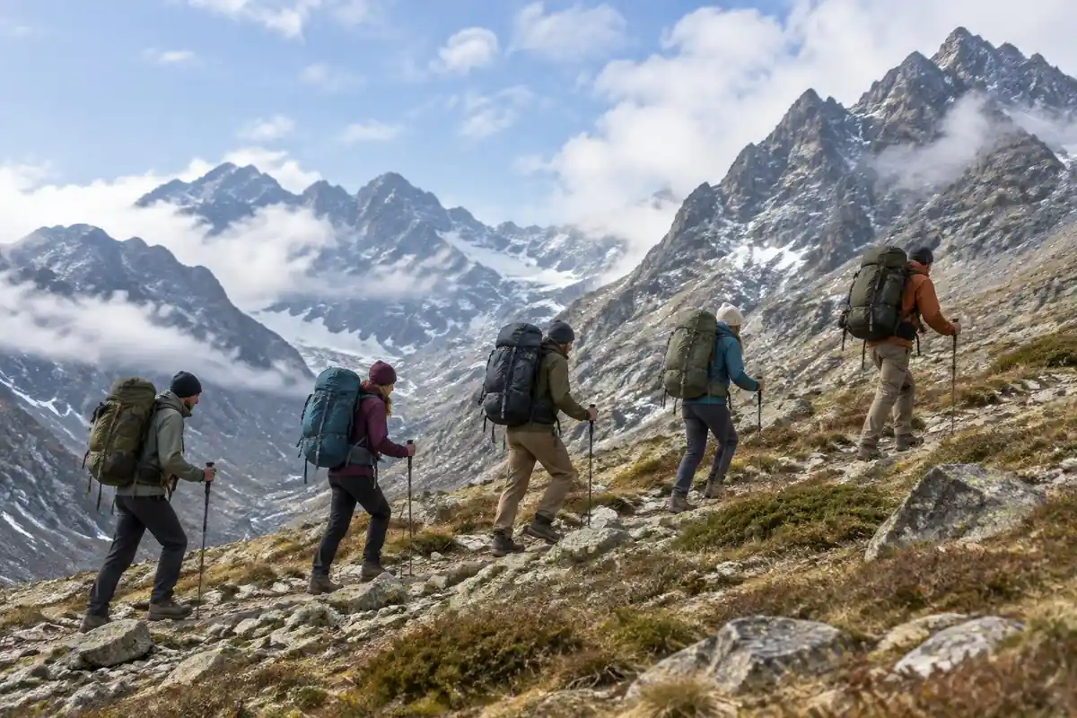 Trekkers in a line on a long high pass with large packs and rocky peaks