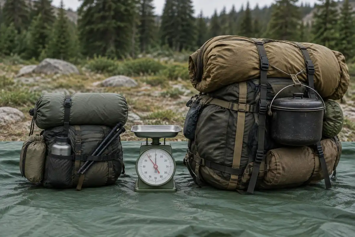 Ultralight and traditional gear stacks compared on tarp with scale