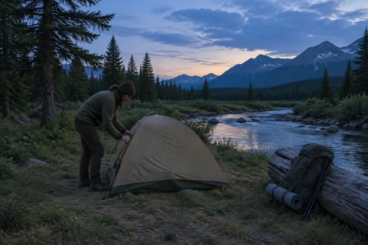 Camper setting up a small tent beside a stream in evening blue light