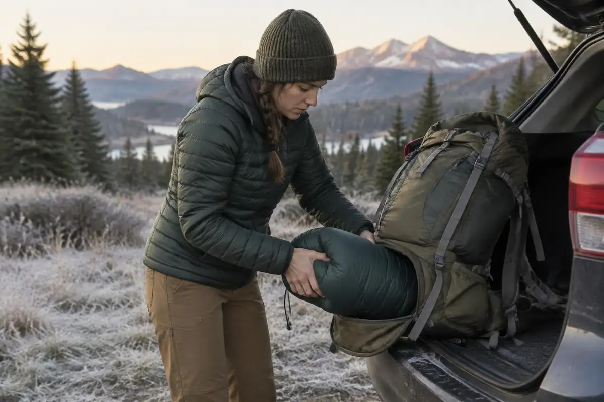 Hiker stuffing a down sleeping bag into the bottom compartment of a mid-size pack
