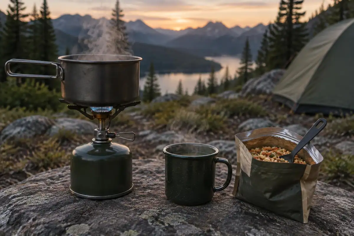 Small stove, mug and dehydrated dinner pouch on a flat stone at a camp