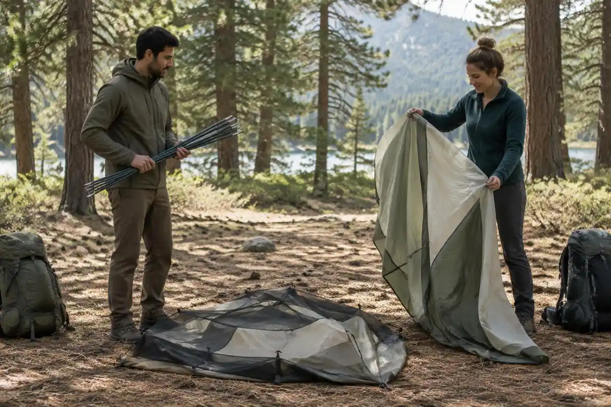 Couple splitting shelter and cooking gear between two packs at a campsite
