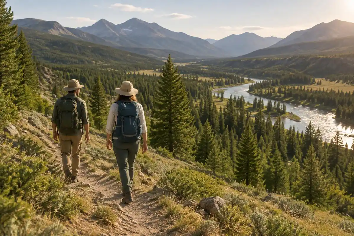 Two backpackers walking a forested river valley with medium packs