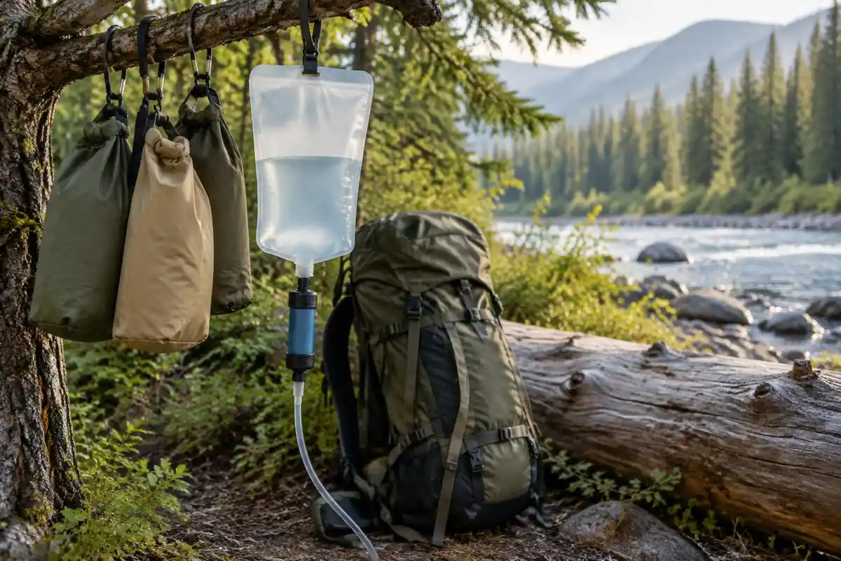 Packed meals and a water filter bag on a log beside a mid-size pack