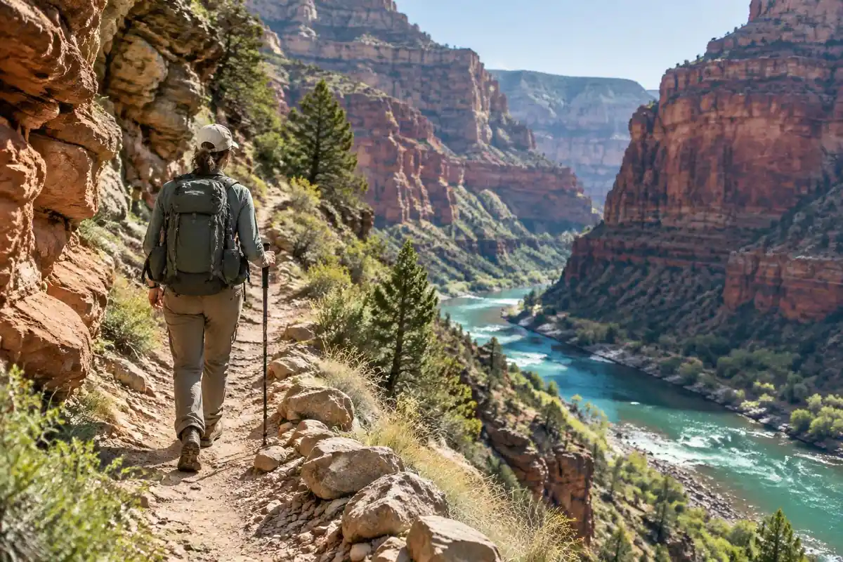 Hiker on a long river gorge trail with a large pack