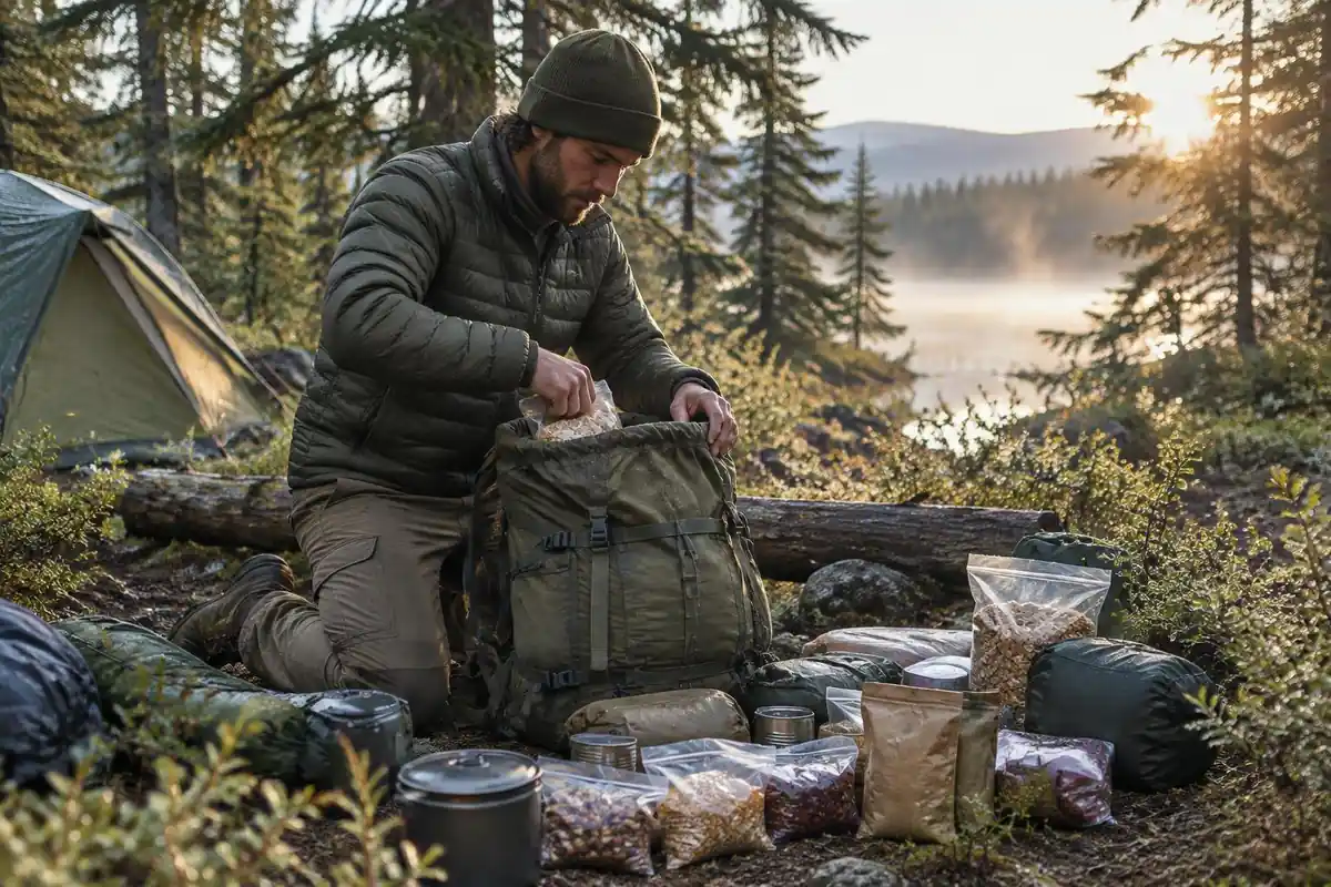 Man loading a large pack in a camp with full food bags