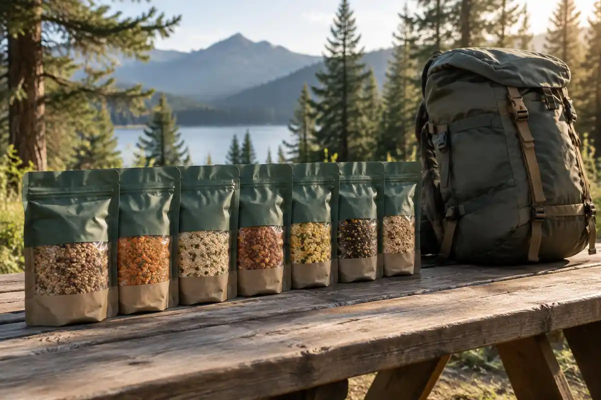 Seven days of food in identical bags on a picnic bench