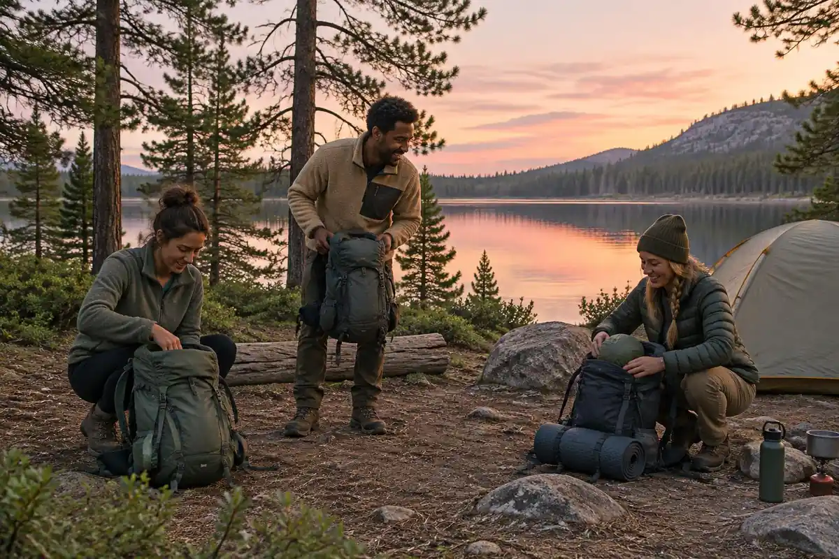 Friends unloading packs at a lakeshore campsite on a Friday evening