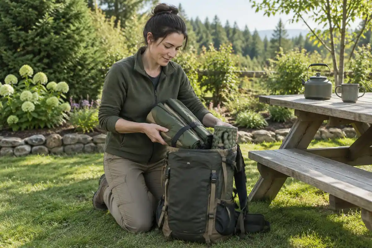 Woman kneeling packing a tent and sleeping pad into a pack on tent-floor