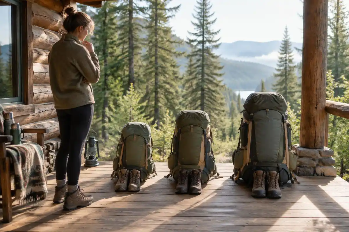 Three packs of small medium and large lined up on a cabin porch