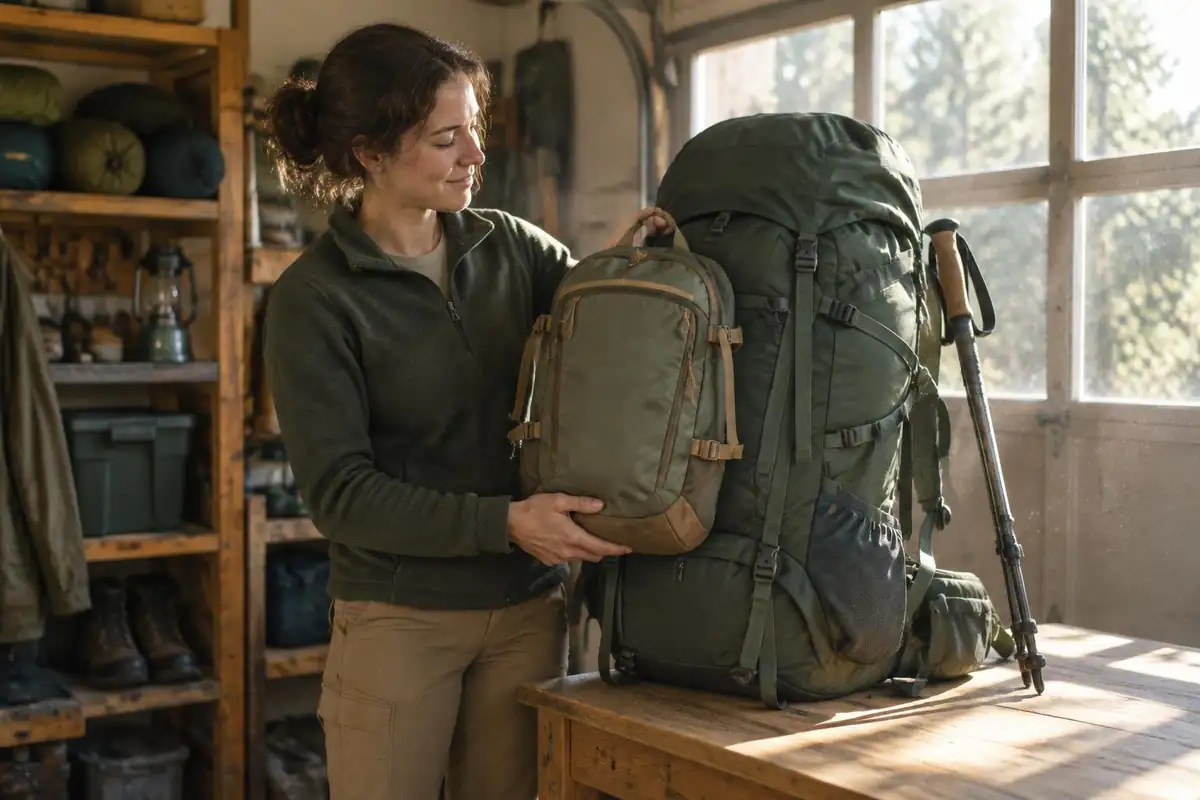 Woman holding a small daypack next to a larger pack comparing volume
