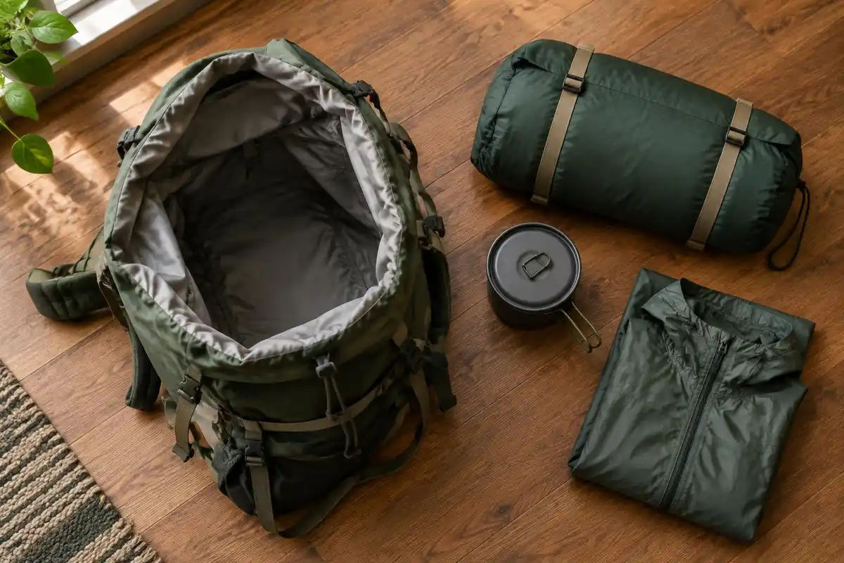 Sleeping bag and stove kit packed beside an empty pack
