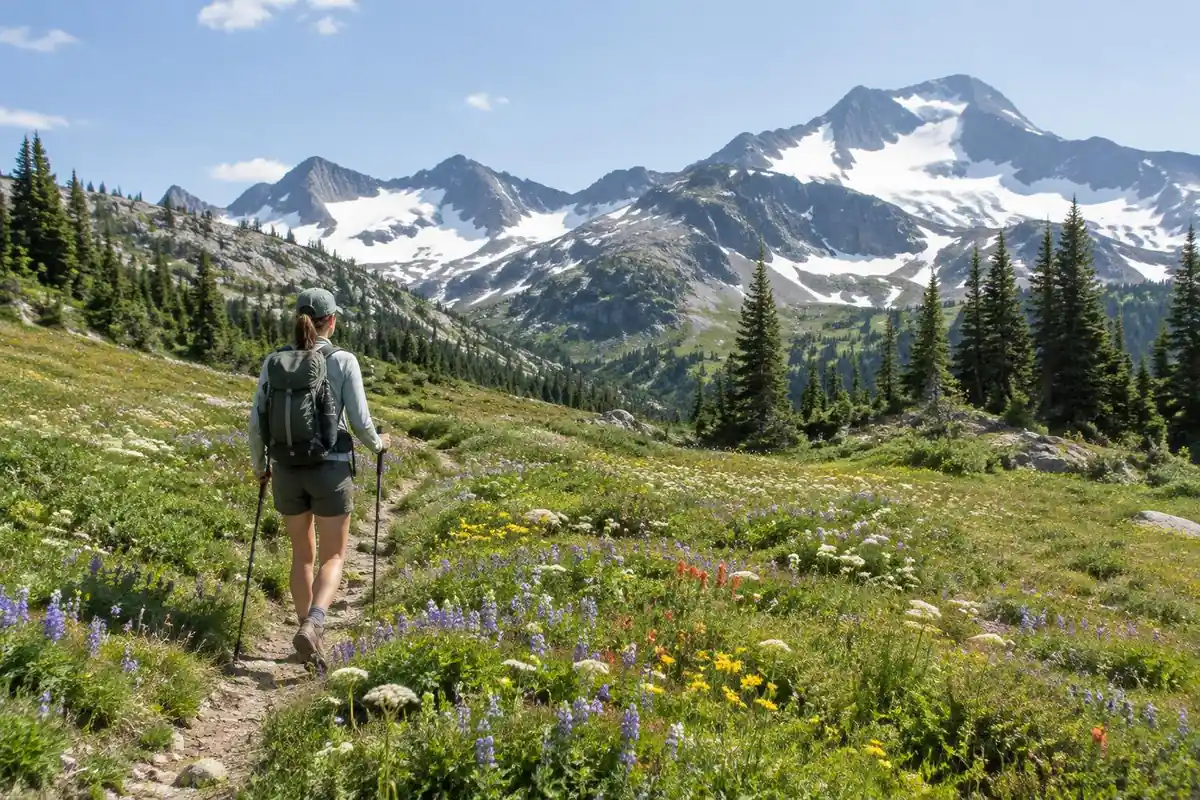 Thru-hiker crossing a long high alpine meadow at midday