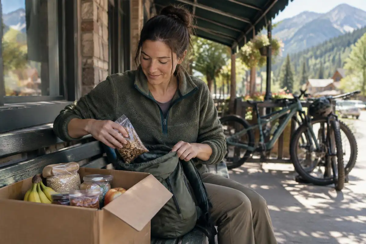 Woman restocking food into a pack at a trail town post office bench