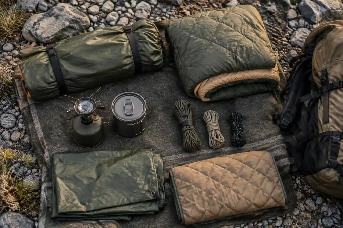 Camp gear laid out ahead of a trail start