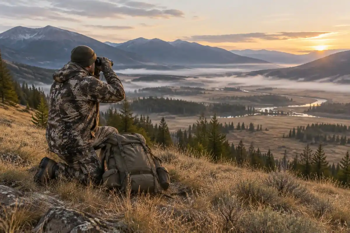 Hunter in camouflage glassing a wide valley with a big frame pack at his feet