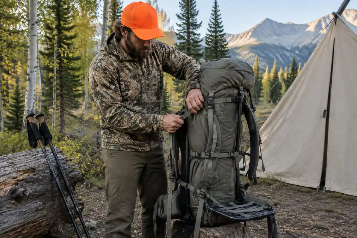 Hunter lashing a frame pack with a load shelf and rifle case at a camp