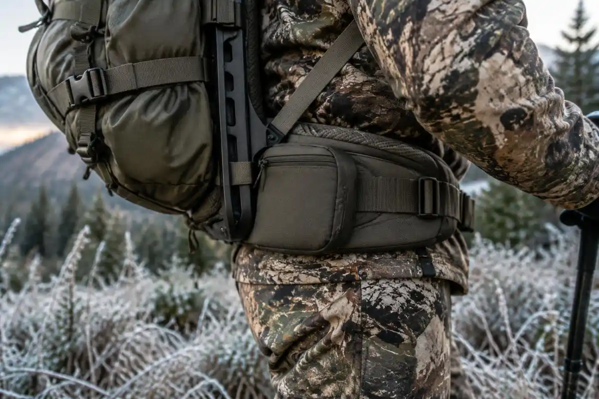 Close view of a rigid pack frame and padded hip belt on a hunter's hip