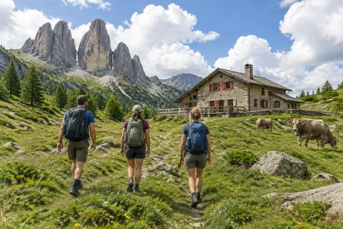Hikers with small packs walking toward an alpine hut on a grassy col