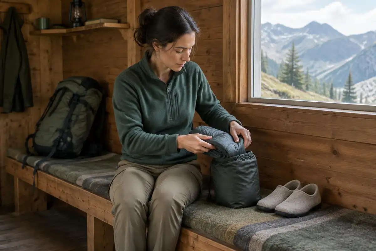 Woman packing a silk liner and slippers into a small pack on a hut bench