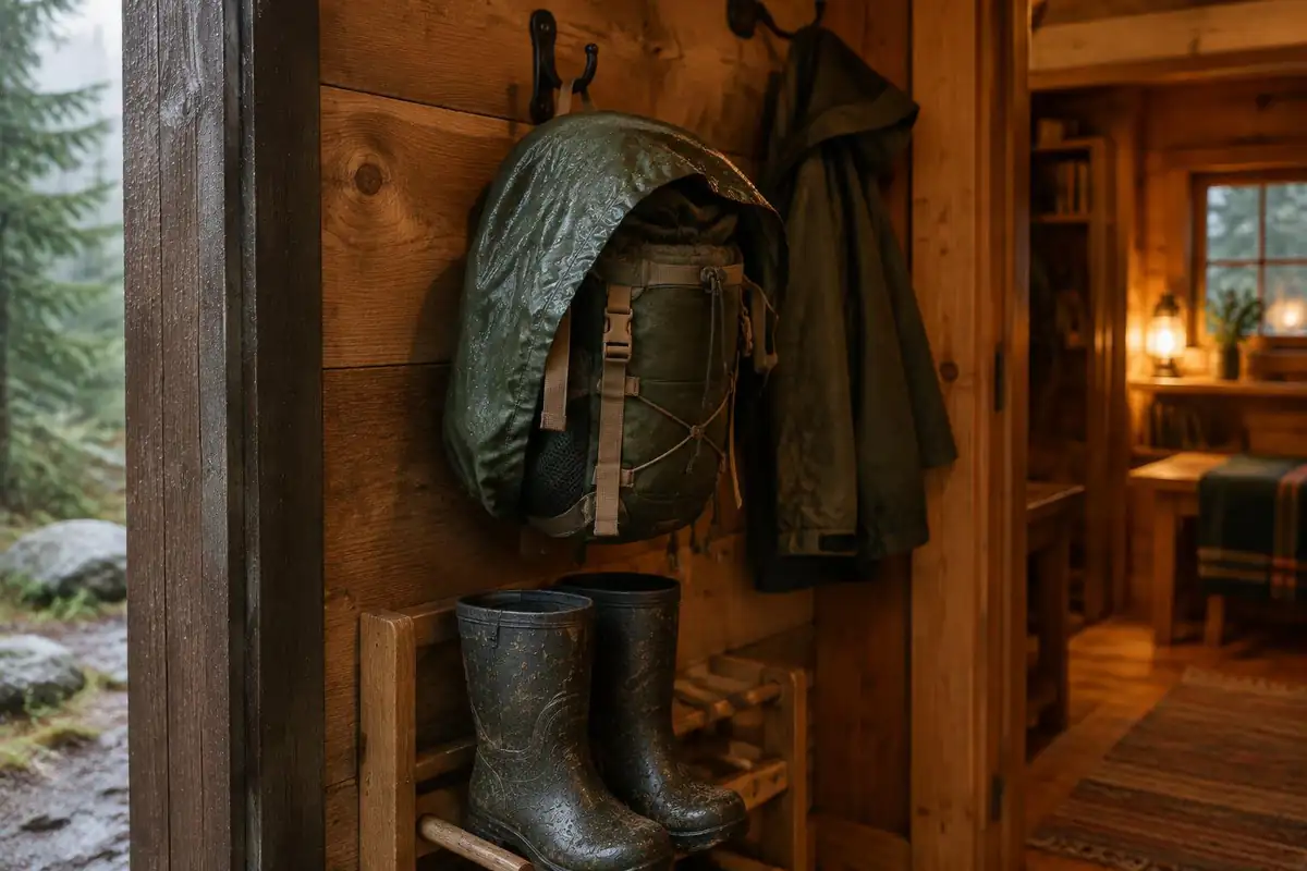 Hiker's small pack with a rain cover on a hut hook beside wet boots