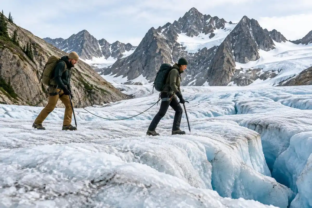 Two climbers on a glacier with axes and packs roped up