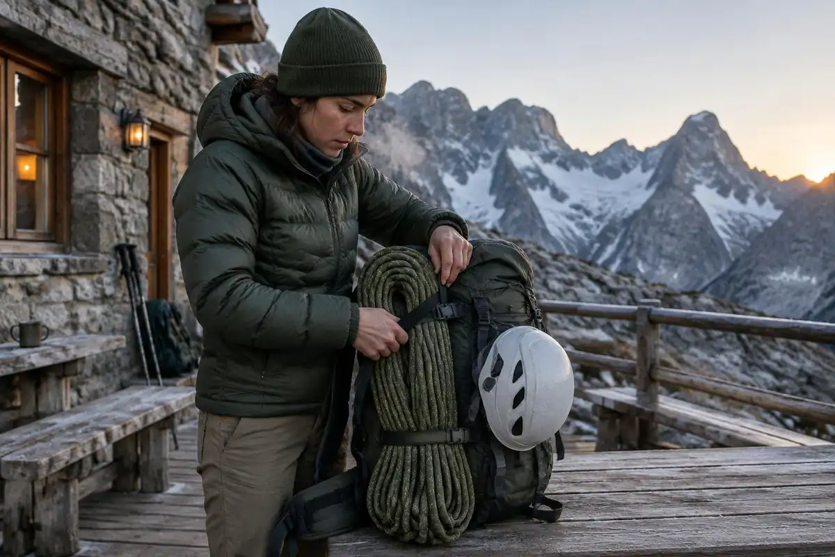 Climber lashing a rope and helmet onto the outside of a pack at a hut