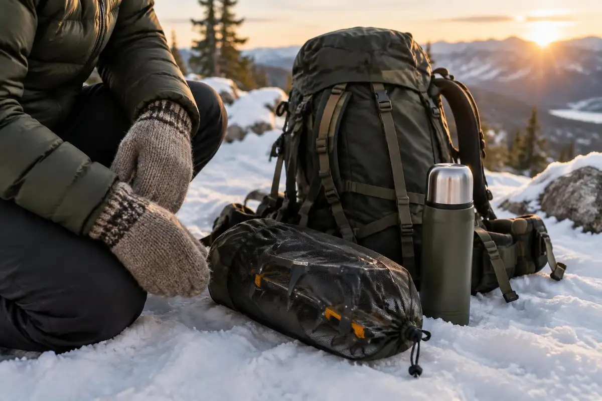 Cold-weather layers, crampons in a bag and mittens laid beside a pack