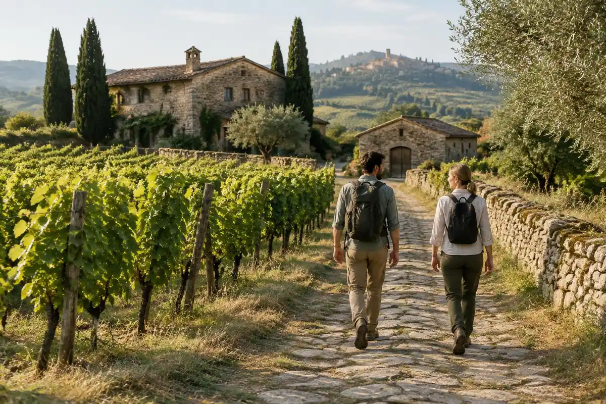 Pilgrim walkers on a country lane between vineyards