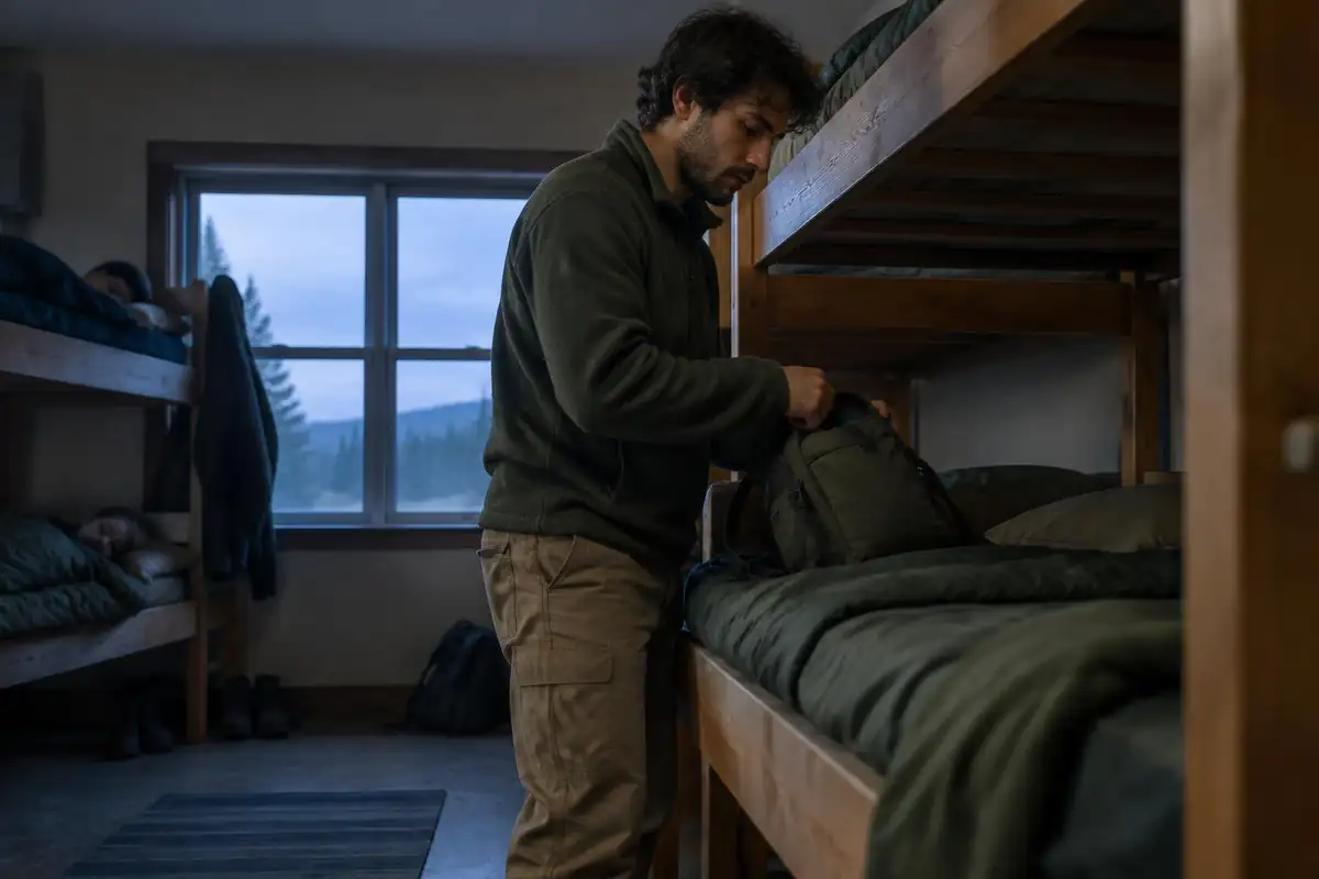 Man packing a small pack at a dorm bunk at dawn